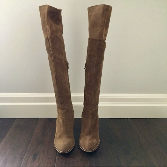 Zara Woman Leather Suede Camel Over Knee Thigh High Fold Heel Boho Boots 38/8 - Picture 4 of 8